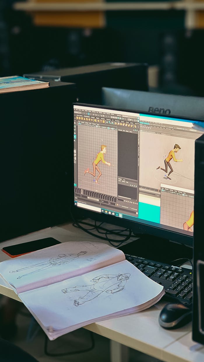 gallery-6 Animation studio workspace with sketches and digital character design on screen.